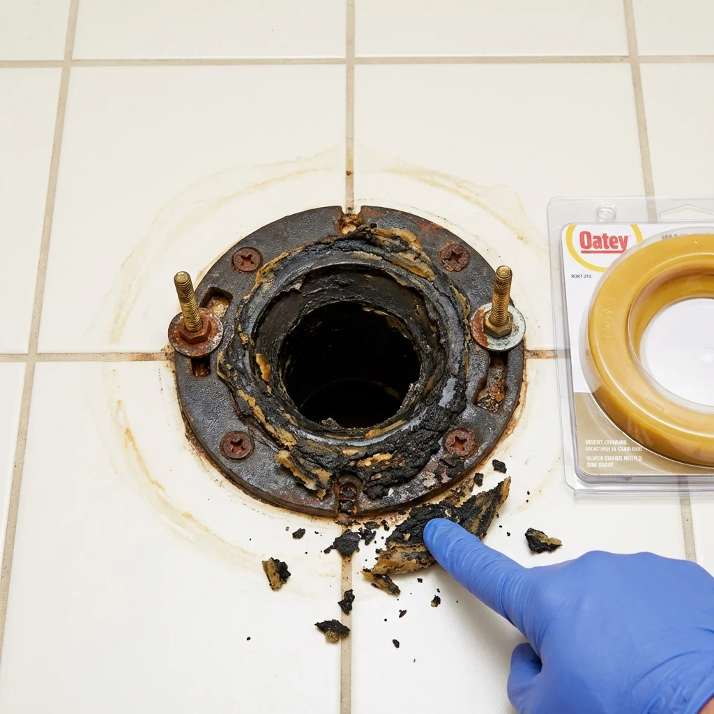 Failed wax ring showing water seepage at the base of a toilet in a Darlington, SC home