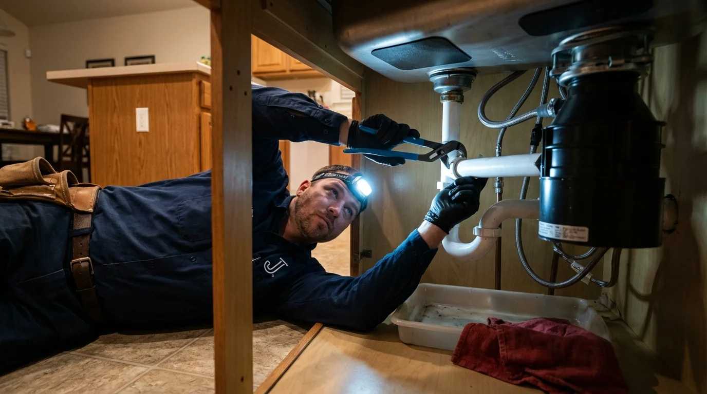 P-trap and supply line connections under a kitchen sink showing a common leak point in Darlington, SC